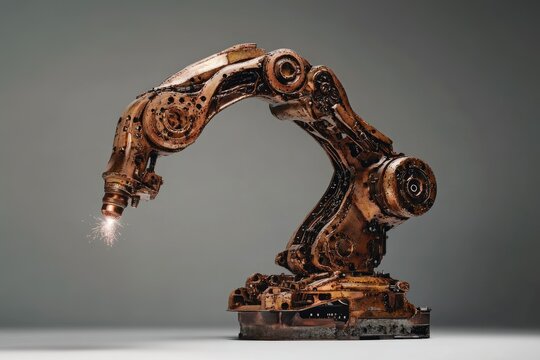 A copper-colored robotic arm, intricately detailed, sparks during operation.