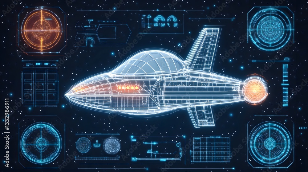 Wall mural a futuristic hovercar blueprint with anti-gravity thrusters, modular design, and autopilot navigatio