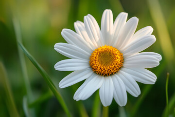 Fototapeta premium Vivid close-up of a white daisy blooming gracefully with radiant golden center in natural light