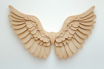 Obraz premium Large wooden angel wings are mounted against a white wall