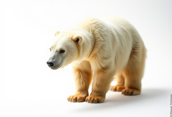 White bear appears alone on a clean white background, highlighting its powerful build and striking fur texture in soft light.