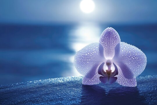 A dew-kissed orchid blooms serenely against a twilight ocean backdrop, bathed in moonlight.