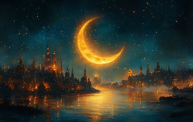 Fototapeta premium Glowing Crescent Moon Over a Shimmering River with a Starry Sky and Illuminated Buildings