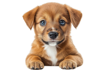 Adorable brown puppy with soulful eyes and fluffy paws, cut out transparent