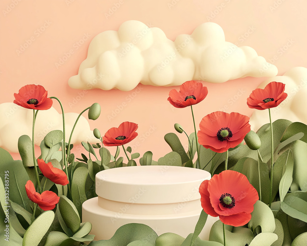 Poster beige podium encircled by red poppies and green foliage, set against a pastel pink background with s