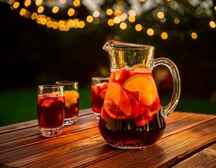 A pitcher jug of homemade sangria with citrus lemon slices and some serving glasses on a wooden wooden table in a garden with fairy lights in the background