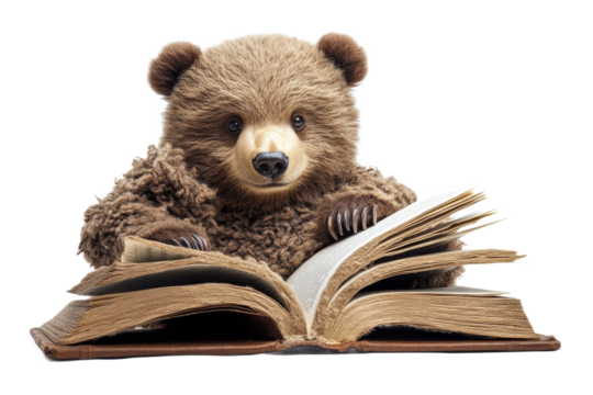 Brown bear is reading an old book with white pages, cut out transparent