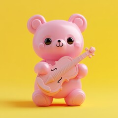 Fototapeta premium A 3D-rendered kawaii pink bear playing a violin on a soft pastel yellow background. A perfect blend of music and cuteness for musicians, music lovers, and kawaii fans.