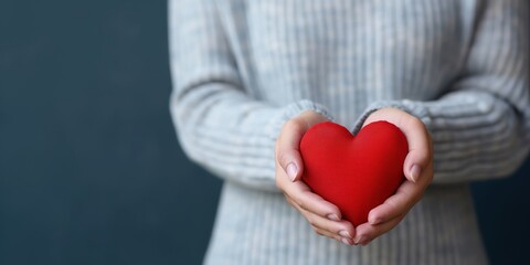 Fototapeta premium A pair of hands gently cradle a red heart, embodying compassion and love, showcasing the importance of empathy and connection in human relationships.