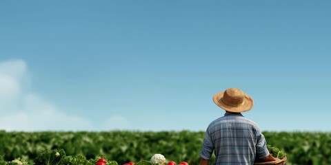 Fototapeta premium A hardworking farmer stands in a lush vegetable field, symbolizing dedication and the beauty of agriculture. The bright colors evoke a sense of vitality and growth.