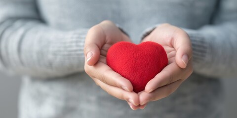 Fototapeta premium A pair of hands gently cradle a soft red heart, representing compassion, love, and care, emblematic of emotional connections and the essence of human relationships.