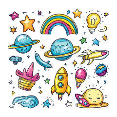 Cute Space Doodle Set with Planets, Rockets, and UFOs
