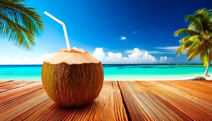 Obraz premium A freshly cut coconut with a straw on a wooden table with a tropical holiday destination in the background, blue ocean sandy beach and palm trees in the sun on a summers day