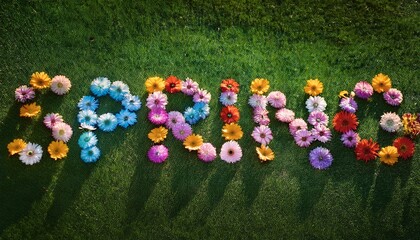 緑の芝生に咲くカラフルな「SPRING」が春の訪れを告げるデザイン
