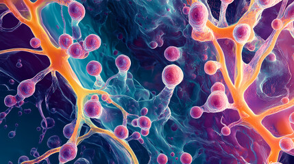 A vibrant image of a fungal hyphae viewed through a microscope, showcasing their intricate branching structure. Vibrant Hyphae. Illustration