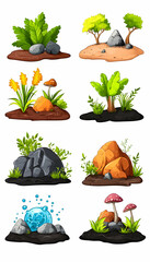 Cartoon nature elements collection, various plants, rocks, mushrooms, fantasy landscape. Suitable for children's book illustrations or educational materials