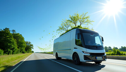 Futuristic electric van with green roof driving on highway - eco-friendly transport