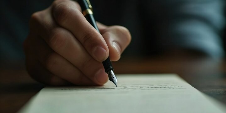 This close shot captures a hand gently writing on paper with a fountain pen, illustrating the delicate art of calligraphy and the personal touch of handwritten notes, drawing attention to intimacy.