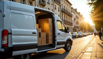 Delivery van with open door loaded with cardboard boxes on city street - efficient transport services