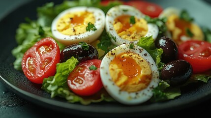Fresh salad with halved hard-boiled eggs, cherry tomatoes, olives, and lettuce