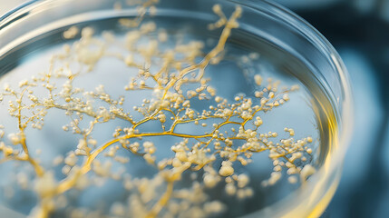 Delicate tendrils of fungal hyphae stretch in petri dish, showcasing nature beauty. Vibrant Hyphae. Illustration