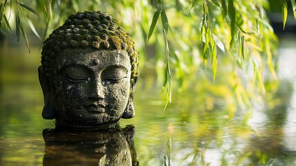 Obraz premium A weathered stone Buddha head sits serenely in water, adorned with moss, under the gentle shade of willow branches.