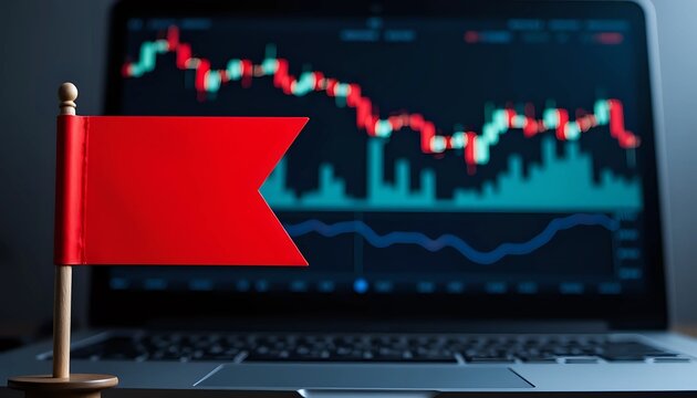 Red flag warning over stock market crash on laptop screen - financial crisis