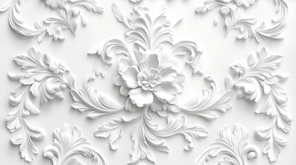 Fototapeta premium Intricate White Floral Relief Pattern, Intricate white floral relief pattern on a textured surface
