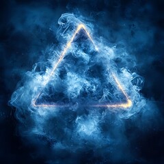 An illuminated golden triangle surrounded by blue smoky substance