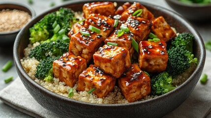 Fototapeta premium Teriyaki tofu with quinoa and broccoli in a bowl, healthy vegan meal