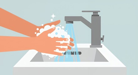 A simple, clean illustration depicting hands being washed with soap suds under a faucet in a bathroom sink.