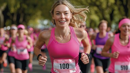 Pink marathon Smiling woman races with a large group of runners in supportive event