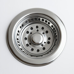 Elegant round metal sink drain featuring a polished finish, reflecting sleek modernity and industrial design