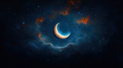 Crescent moon in a star-studded night sky