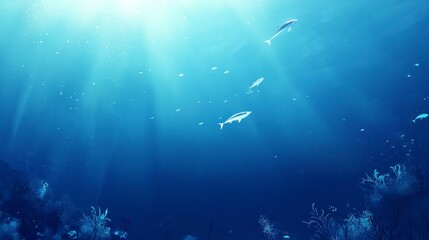 Obraz premium Fish Swimming Underwater with Sunlight Rays Shining Through Ocean Depth