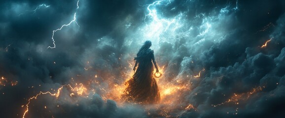 Mystical Guardian, A Figure Amidst Stormy Skies and Fiery Clouds