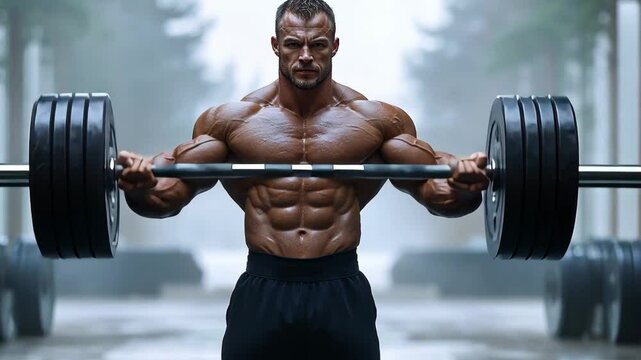 Muscular man lifting heavy barbell in a gym.