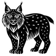 Obraz premium a detailed illustration of a lynx in black and white, featuring the cat's spotted fur, ear tufts, and intense gaze. The lynx stands alert, ready for action.