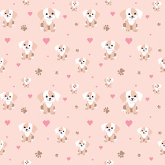 
Vector seamless pattern with dogs, hearts, paw prints on a pink background. Cartoon character, puppy. Print for clothes, wallpaper, scrapbooking.