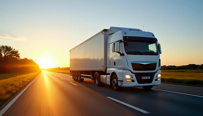 Commercial truck driving into a radiant sunset - modern transportation solutions