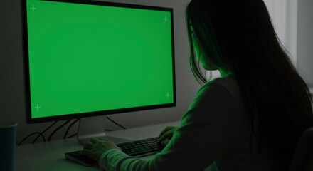 A person in a green hoodie using a laptop with a green screen.
