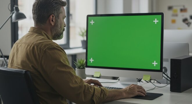 Man working on a computer with a green screen.