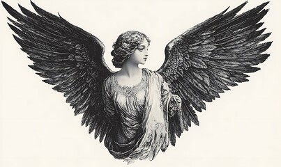 A beautiful woman is shown with large dark feathered wings spread