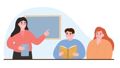 Fototapeta premium The teacher explains the lesson on the background of the board. Students listen, learn. Vector flat graphics.