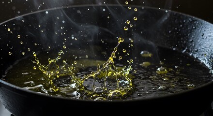 Hot cooking oil splashing in black pan delicious food preparation fry heat dark drop cast iron meal