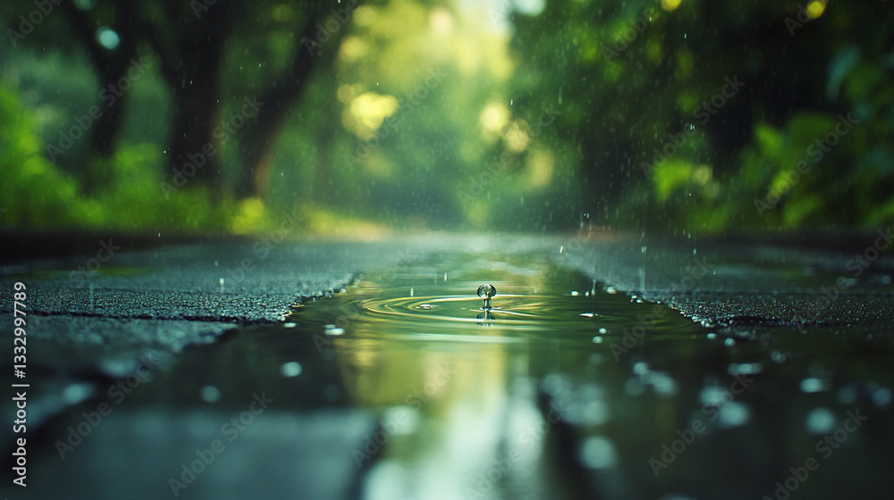 Aufkleber close-up of raindrop impacting puddle, creating ripples on dark asphalt, blurred green trees backgro