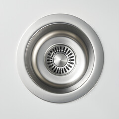 Modern metal sink drain centered on a white background, offering a sleek and functional design for contemporary kitchens