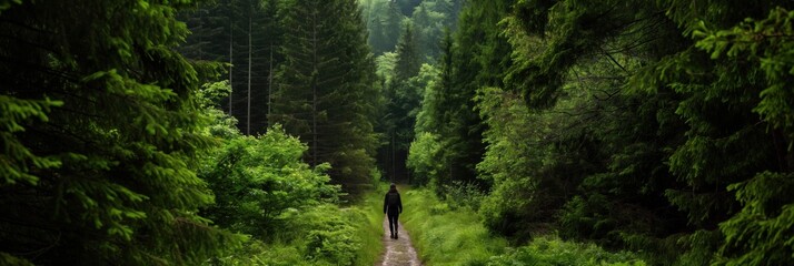 A person walks along a serene path in a lush green forest, evoking a sense of peace, connection with nature, and the beauty of the outdoors.