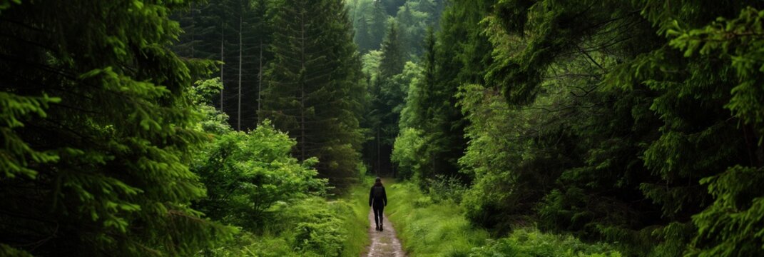 A person walks along a serene path in a lush green forest, evoking a sense of peace, connection with nature, and the beauty of the outdoors.