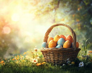 Wicker basket filled with colorful Easter eggs sits in a sunny spring meadow, showcasing a festive, joyful, and celebratory Easter theme